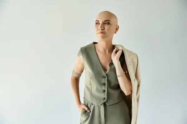 Una joven calva con alopecia posa elegantemente, vestida con un atuendo elegante, exudando confianza. — Stock Photo