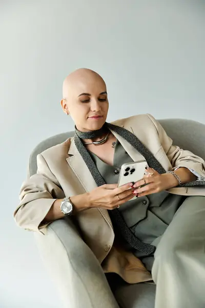 A serene moment captures a bald woman absorbed in her smartphone, dressed elegantly. — Stock Photo