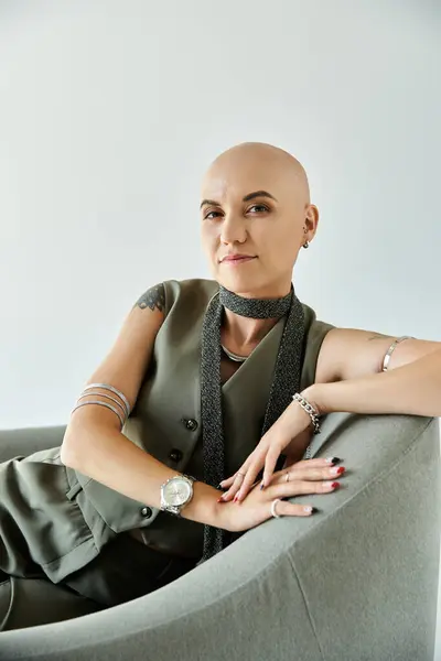 A young, bald woman expresses self confidence while relaxing in a modern armchair. — Stock Photo
