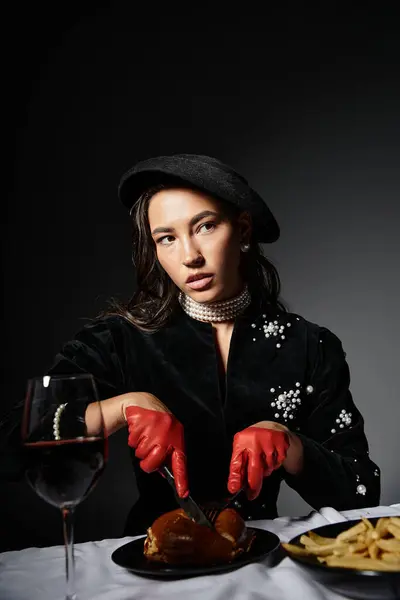 Eine junge Frau in eleganter Kleidung genießt ihr Abendessen mit Stil und Anmut, während sie ihre Mahlzeit zubereitet. — Stockfoto