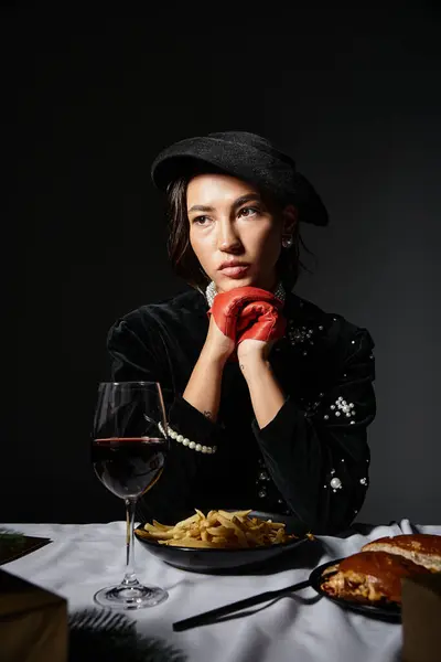 Una giovane donna in elegante abito nero guarda con attenzione mentre assapora la buona cucina e il vino. — Foto stock