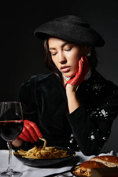 A stylish young woman indulges in fine dining while showcasing her elegant fashion sense. — Stock Photo