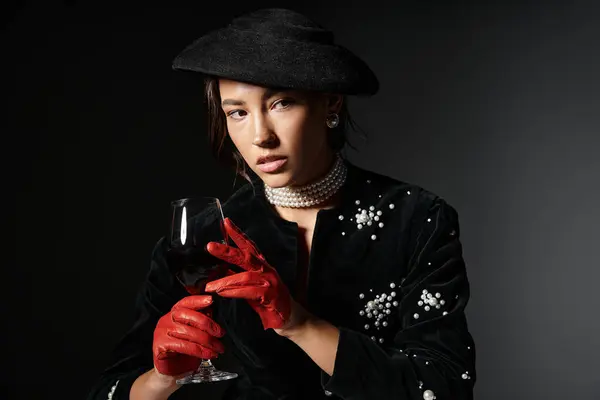 A sophisticated young woman dons elegant attire and red gloves while savoring wine. — Stock Photo