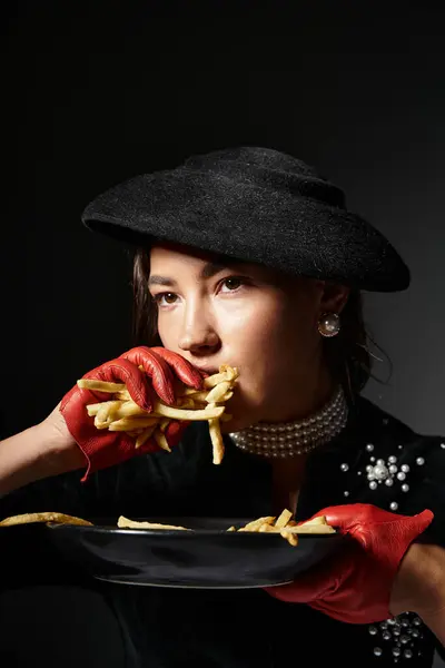 A young woman in refined fashion enjoys a decadent plate of French fries with style and grace. — Stock Photo