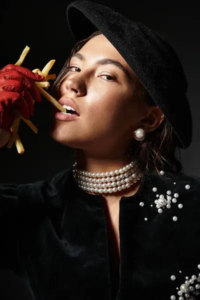 A beautiful woman poses confidently with fries, showcasing elegance and playful charm in fashion. — Stock Photo