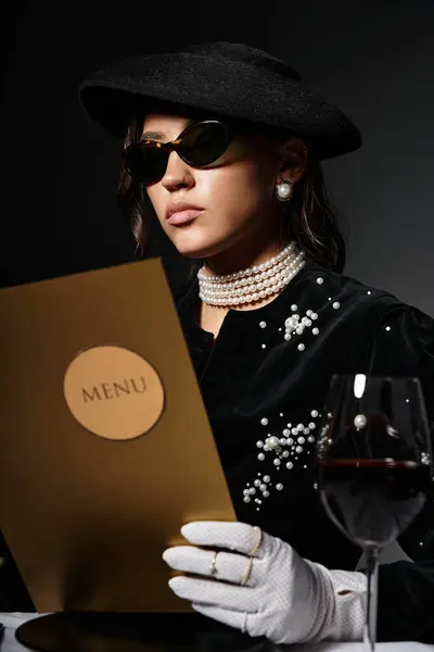 A stylish woman in a chic outfit studies a gold menu while enjoying an elegant dinner setting. — Stock Photo