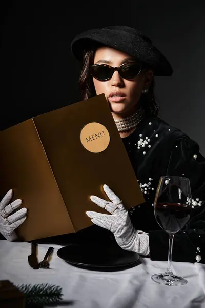 A young woman in chic attire examines the menu at an upscale restaurant under soft lighting. — Stock Photo