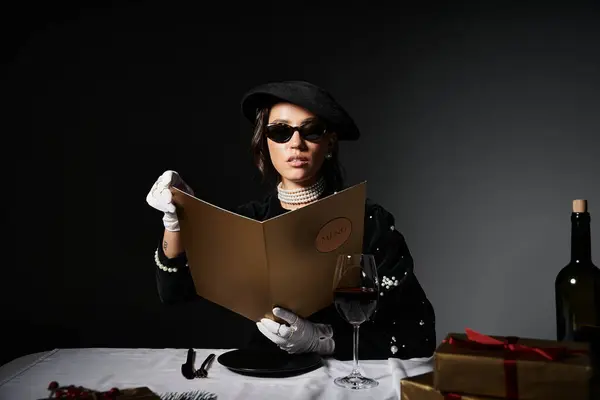 A sophisticated young woman dons elegant attire while contemplating her meal choice. — Stock Photo