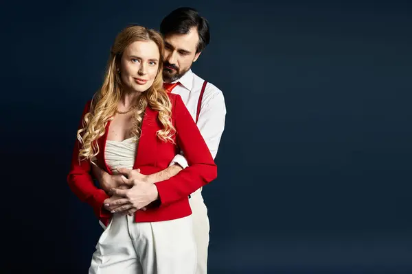 A middle aged couple showcases their love, dressed in stylish outfits, creating a heartfelt moment. — Stock Photo