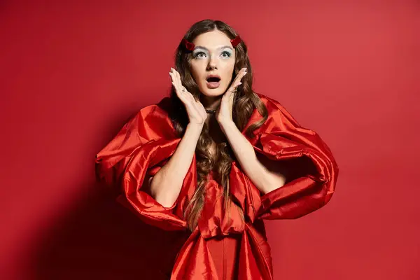 A stunning young woman expresses surprise in a vibrant red dress with dramatic sleeves. — Stock Photo