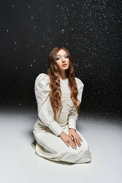 A young woman in a white gown sits elegantly among sparkling lights. — Stock Photo
