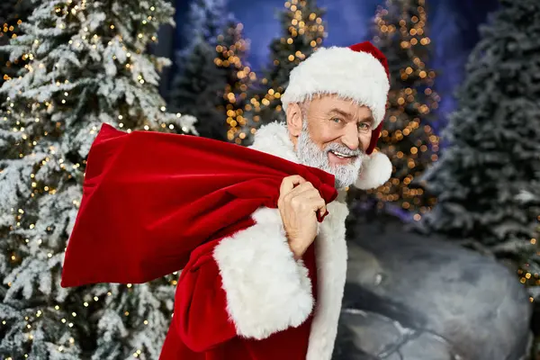A cheerful Santa Claus smiles while holding a red sack in a festive winter landscape. — Stock Photo