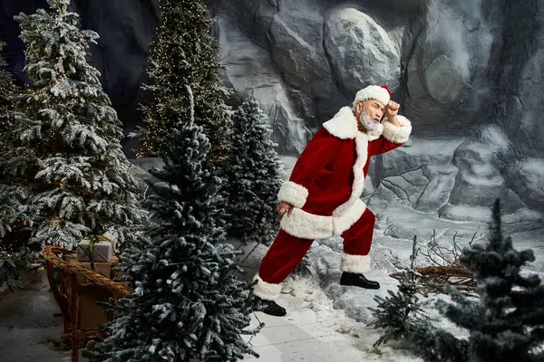 Santa is journeying through a snowy landscape, surrounded by evergreen trees and rocky formations. — Stock Photo