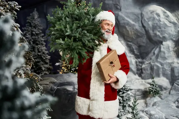 Ein fröhlicher Weihnachtsmann hält inmitten einer verschneiten Landschaft einen üppigen Kranz und ein ordentlich verpacktes Geschenk in der Hand. — Stockfoto