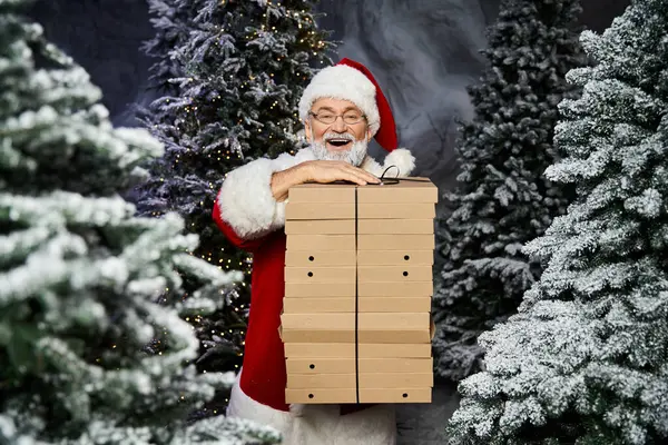 Santa Claus smiles widely while carrying a tall stack of boxes in a winter wonderland. — Stock Photo