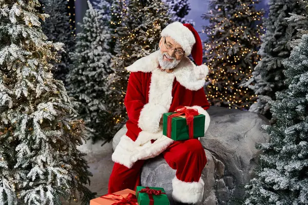 Santa Claus with a joyful expression sits among frosted trees while cradling wrapped presents. — Stock Photo
