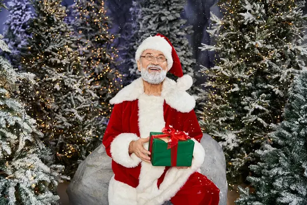 Santa Claus smiles warmly while seated, surrounded by festive trees and twinkling lights. — Stock Photo