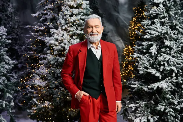 A man in a bold red suit stands out amid snow covered trees and twinkling lights. — Stock Photo