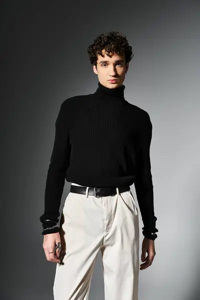 Un beau jeune homme met en valeur son style charismatique dans un col roulé noir, respirant la confiance sur un fond sombre. — Photo de stock