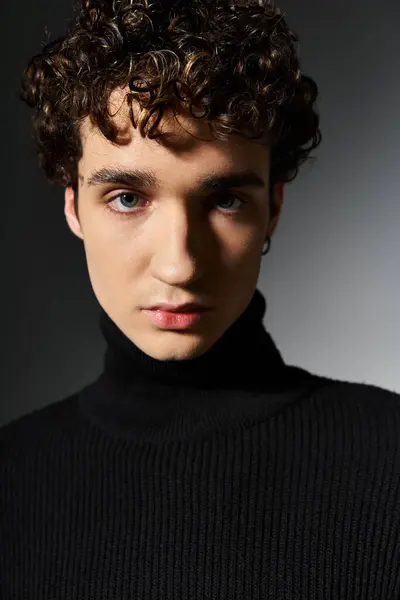 A handsome young man showcases his style with curly hair and a black turtleneck, exuding confidence and charm. — Stock Photo