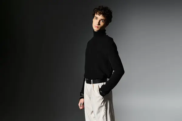 Un jeune homme habillé pose avec confiance, mettant en valeur ses cheveux bouclés et sa tenue élégante dans un cadre sombre saisissant. — Photo de stock