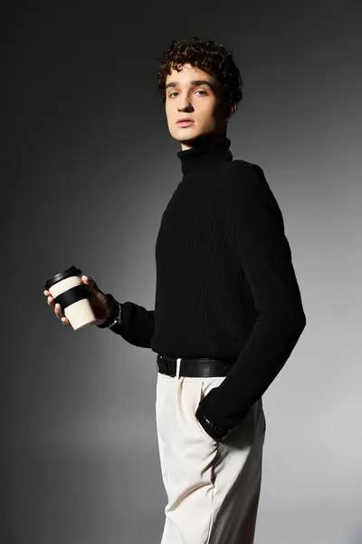 A handsome young man in a black turtleneck holds a coffee cup while striking a fashionable pose. — Stock Photo