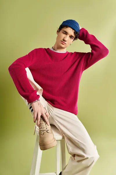 A trendy young man dressed in a pink sweater exudes charm while striking a pose on a pastel green background. — Stock Photo