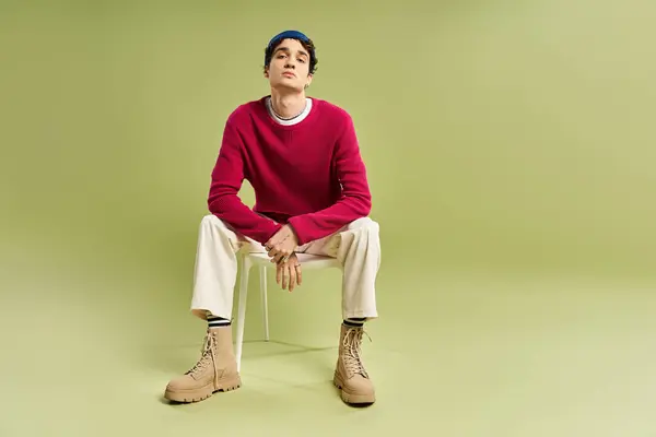 A stylish young man in a pink sweater strikes a confident pose against a soft pastel green background. — Stock Photo