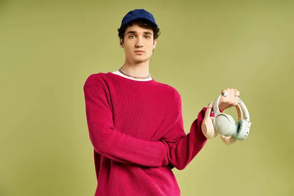The young man displays a fashionable look, wearing a pink sweater and holding headphones, exuding coolness. — Stock Photo