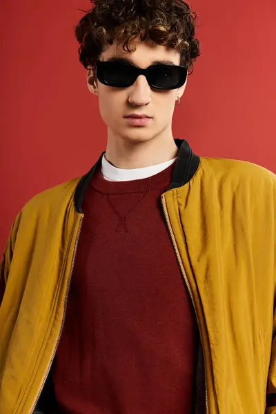A stylish young man stands confidently, showcasing his curly hair and yellow jacket against a bold red background. — Stock Photo