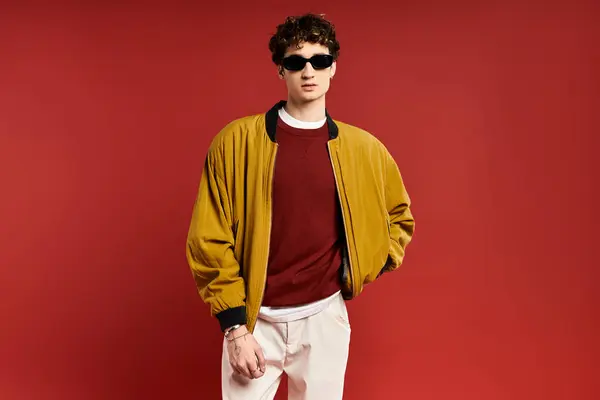 A stylish young man in a trendy yellow jacket and sunglasses poses against a vibrant red background. — Stock Photo