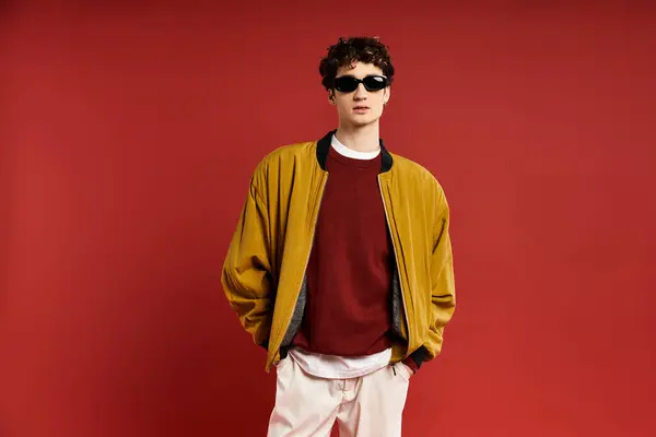 Un beau jeune homme aux cheveux bouclés pose en toute confiance dans une veste jaune vif sur un fond rouge frappant. — Photo de stock