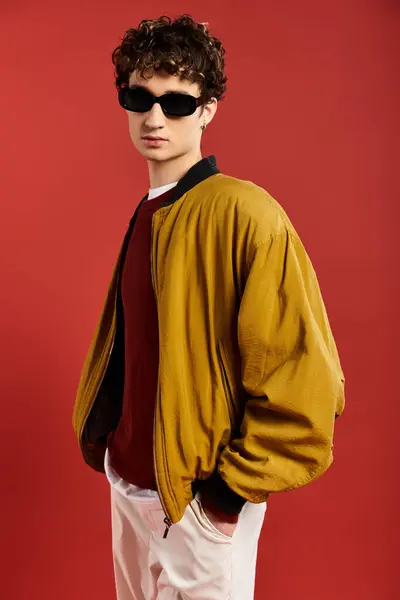 Un beau jeune homme respire la confiance dans une veste jaune aux cheveux bouclés, frappant une pose sur un fond rouge. — Photo de stock