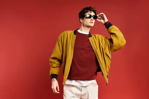 With a playful gaze, a stylish young man showcases his yellow jacket on a striking red background. — Stock Photo