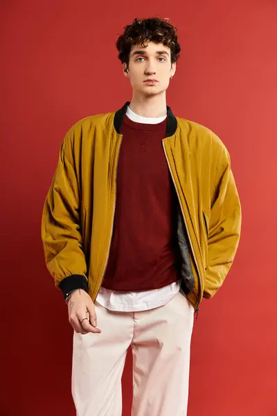 Un joven con el pelo rizado modela una chaqueta de color amarillo brillante, golpeando una pose segura sobre un fondo rojo vivo. - foto de stock