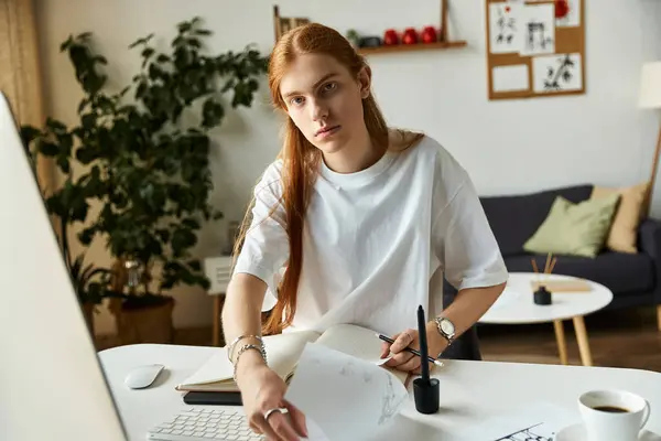 A young man with long hair focuses on his creative tasks while surrounded by artistic elements. — Stock Photo