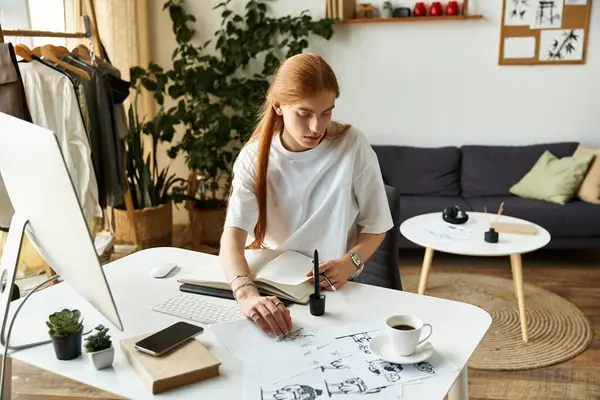 The young man focuses intently while drawing detailed sketches on crisp paper in a relaxed setting. — Stock Photo