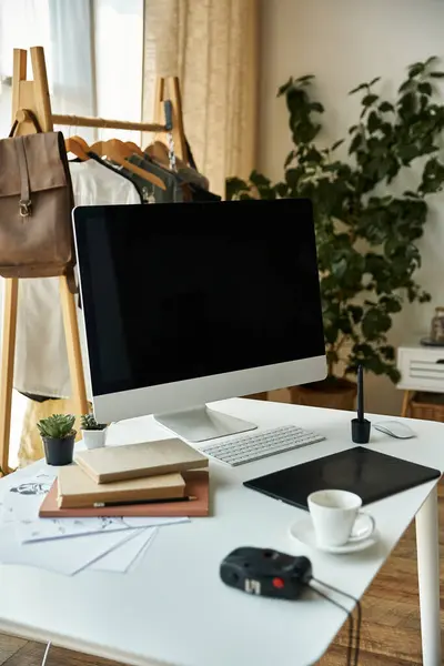 Modern computer and stationery on table with coffee cup in well lit room. — Stock Photo