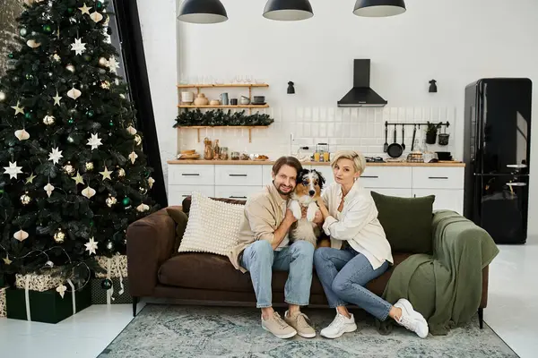 Una pareja se acurruca con su perro en el sofá, envuelto en alegría navideña. - foto de stock