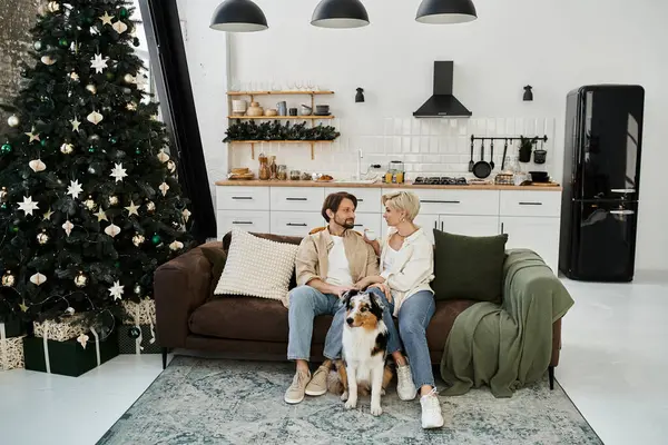 Um casal relaxa em um sofá confortável, compartilhando sorrisos com seu cão em um ambiente festivo. — Fotografia de Stock