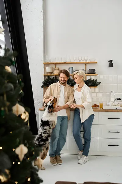 A loving couple enjoys quality time in their charming kitchen while interacting with their dog. — Stock Photo