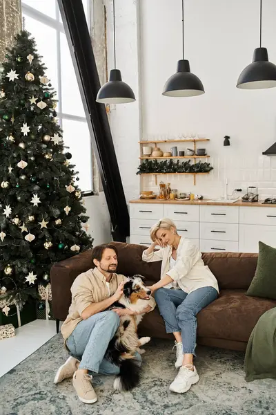 A happy couple relaxes with their cute dog on the couch during the holidays. — Stock Photo