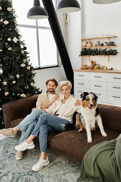 A couple relaxes on a couch, enjoying drinks with their dog beside them during the holidays. — Stock Photo