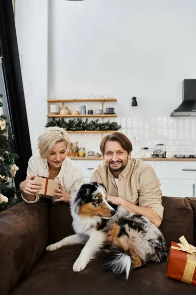 Un couple aime déballer des cadeaux avec leur ami à fourrure dans un cadre confortable à la maison. — Photo de stock