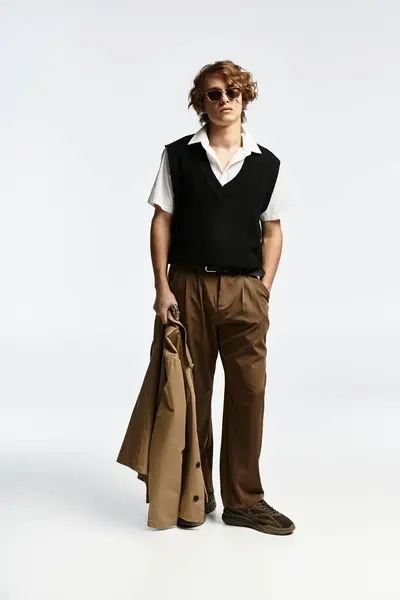 A handsome young man exudes charm in his elegant autumn outfit, set against a modern studio backdrop. — Stock Photo