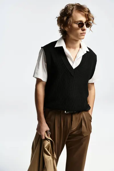 A handsome young man in a stylish outfit poses confidently in a studio, embodying autumn fashion elegance. — Stock Photo