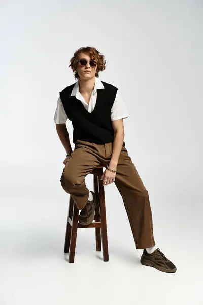 A dapper young man with wavy hair showcases a chic autumn outfit while sitting confidently on a stool. — Stock Photo