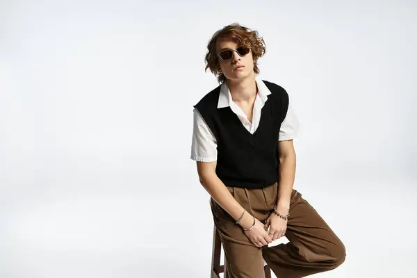 A handsome young man showcases wavy hair and a fashionable autumn outfit in a sleek studio setting. — Stock Photo