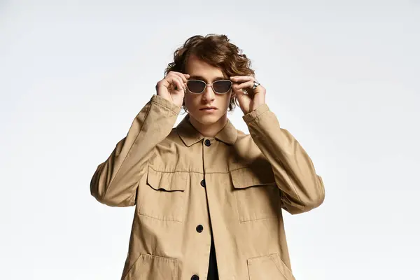 A handsome young man with wavy hair poses confidently, donning a chic autumn outfit in an elegant studio. — Stock Photo