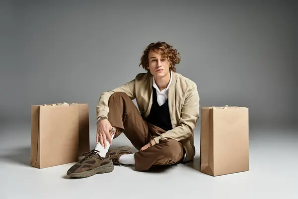 A handsome young man showcases an elegant autumn outfit while seated in a studio, exuding warmth and style. — Stock Photo